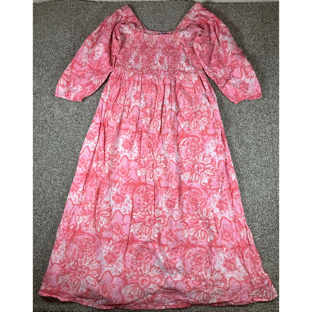 Madison Mathews Pink Floral Smocked Cotton Maxi Dress Womens Size M Puff Sleeve